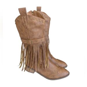 Fringe Faux Leather Studded Block Heel Cowgirl Zip Mid-Calf Boots EU 42 Brown